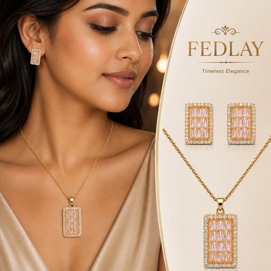 A woman wearing a gold-toned rectangular pendant necklace and matching stud earrings with pink crystal-like inlay, shown beside a product panel displaying the same jewelry and the brand name FEDLAY.