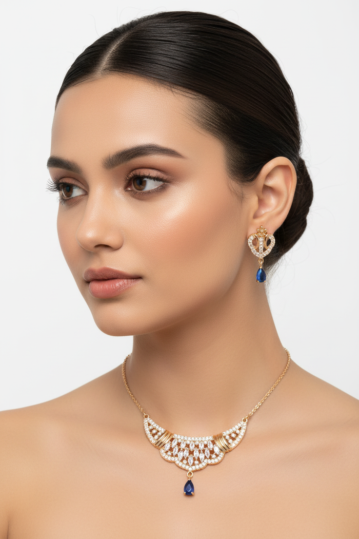 Gold Crystal & Blue Sapphire Necklace + Earrings Set