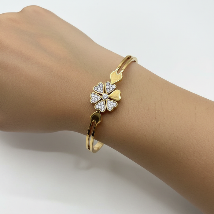 Gold Four-Leaf Clover Crystal Cuff Bracelet