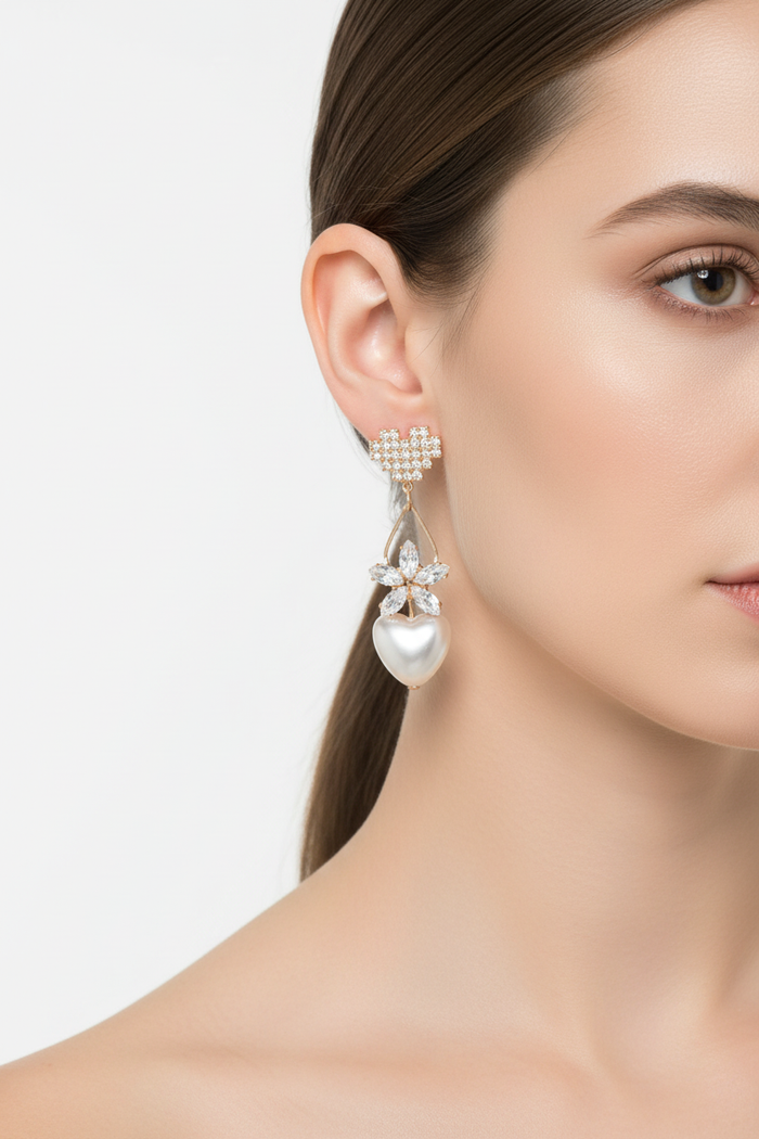 Gold Crystal & Pearl Heart Drop Earrings