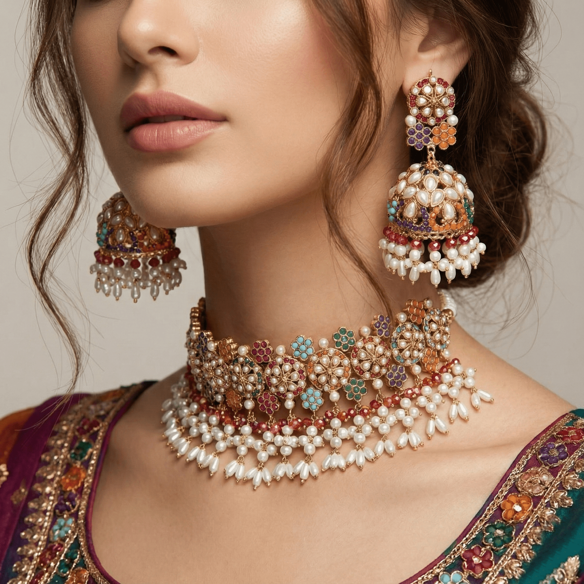 Royal Navratan Bridal Luxurious Collar Jhumkey Set
