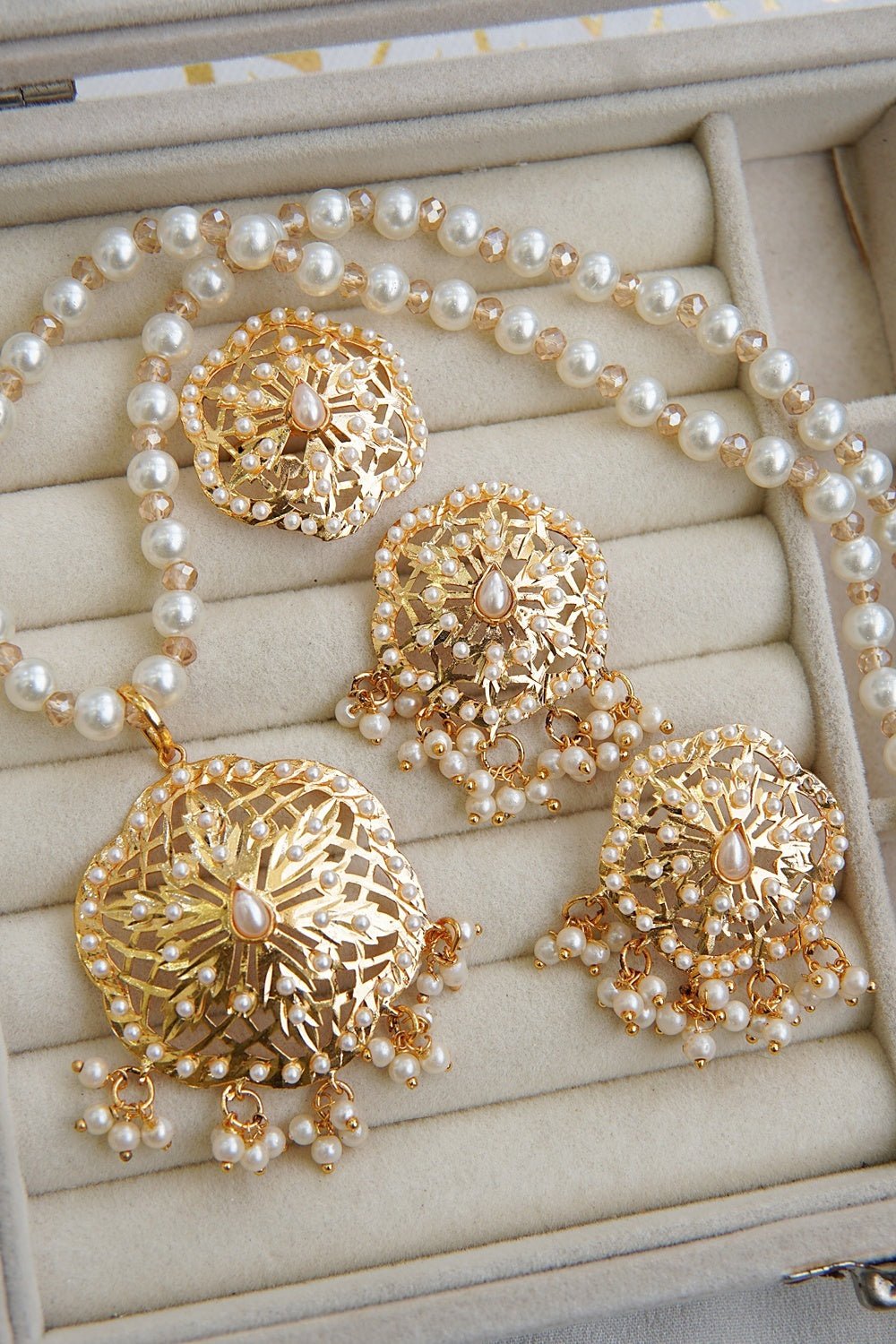 Radiant Filigree Pearl Locket Set