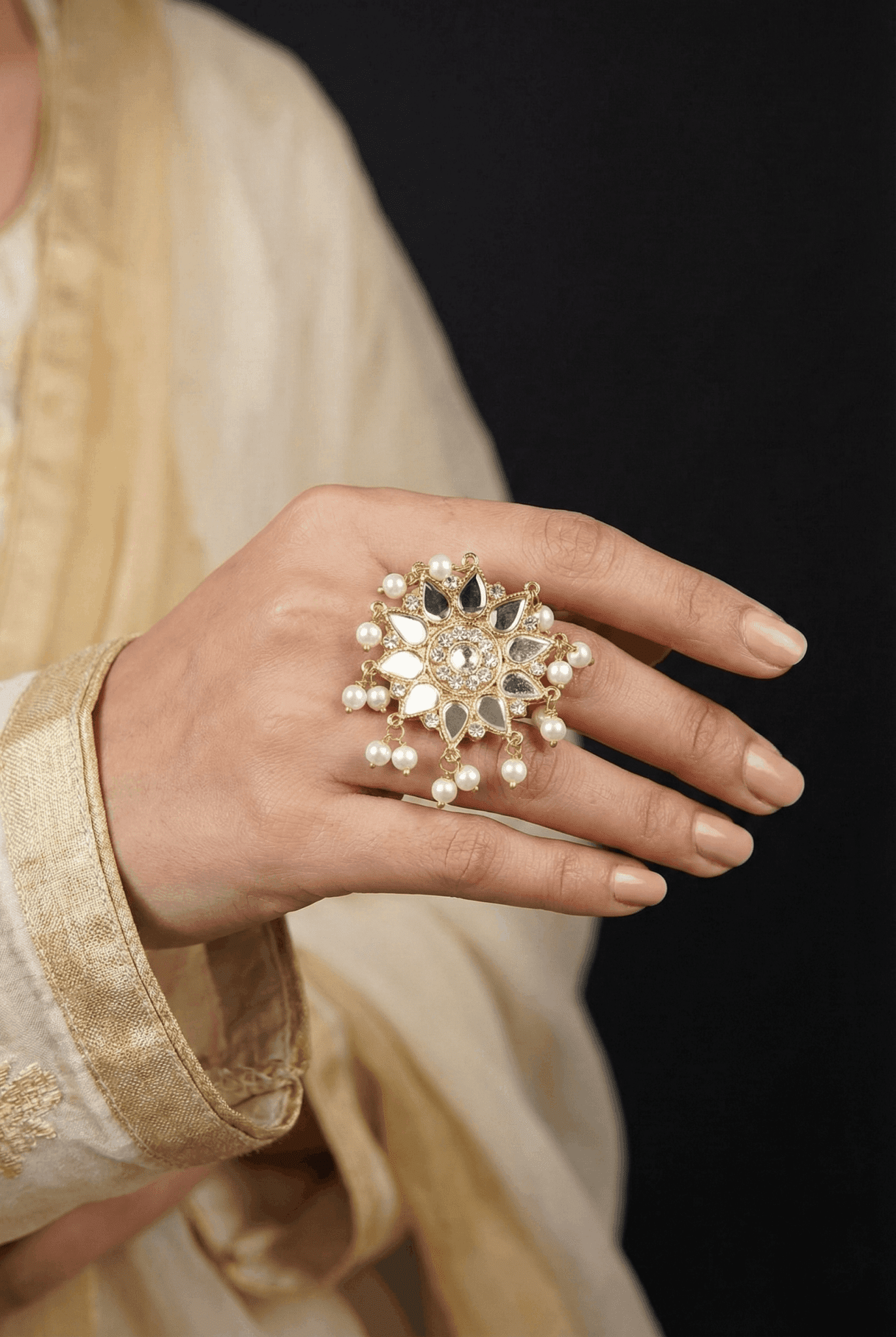 Sheesh Kundan Pearl Latkan Ring
