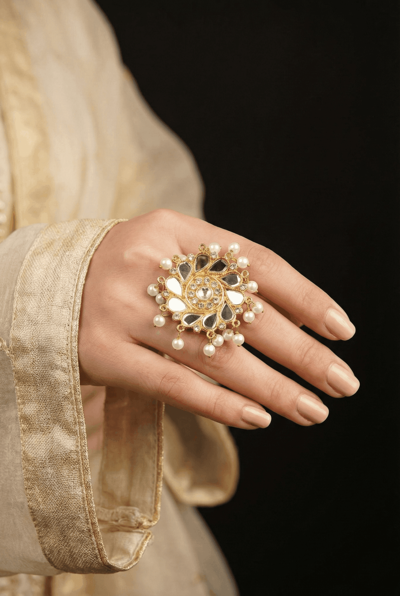 Sheesha Kundan Pearls Latkan Ring
